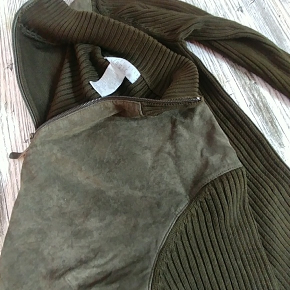Olive green leather suede full zip panel sweater - Picture 8 of 8